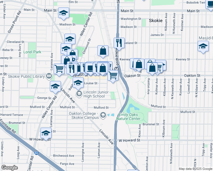 map of restaurants, bars, coffee shops, grocery stores, and more near 4815 Oakton Street in Skokie