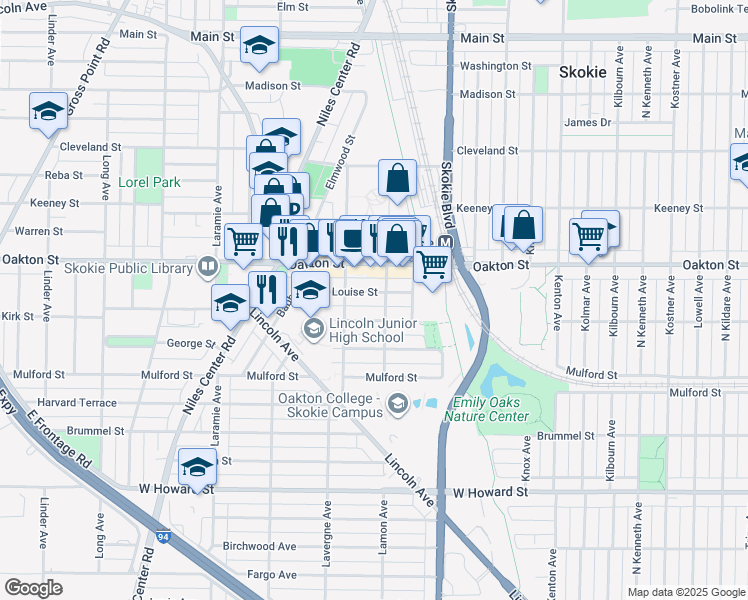 map of restaurants, bars, coffee shops, grocery stores, and more near 4900 Louise Street in Skokie