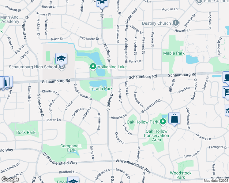 map of restaurants, bars, coffee shops, grocery stores, and more near 21 South Salem Drive in Schaumburg