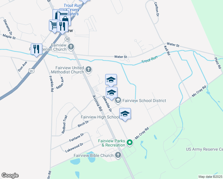 map of restaurants, bars, coffee shops, grocery stores, and more near 4967 Avonia Road in Fairview
