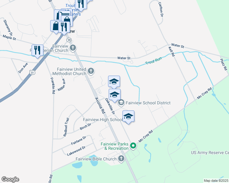 map of restaurants, bars, coffee shops, grocery stores, and more near 4967 Avonia Road in Fairview