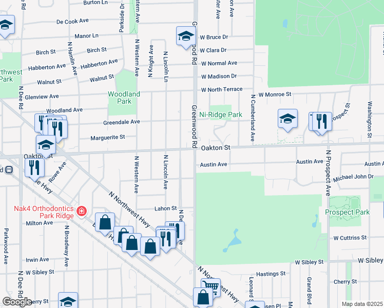 map of restaurants, bars, coffee shops, grocery stores, and more near 1214 Oakton Street in Park Ridge