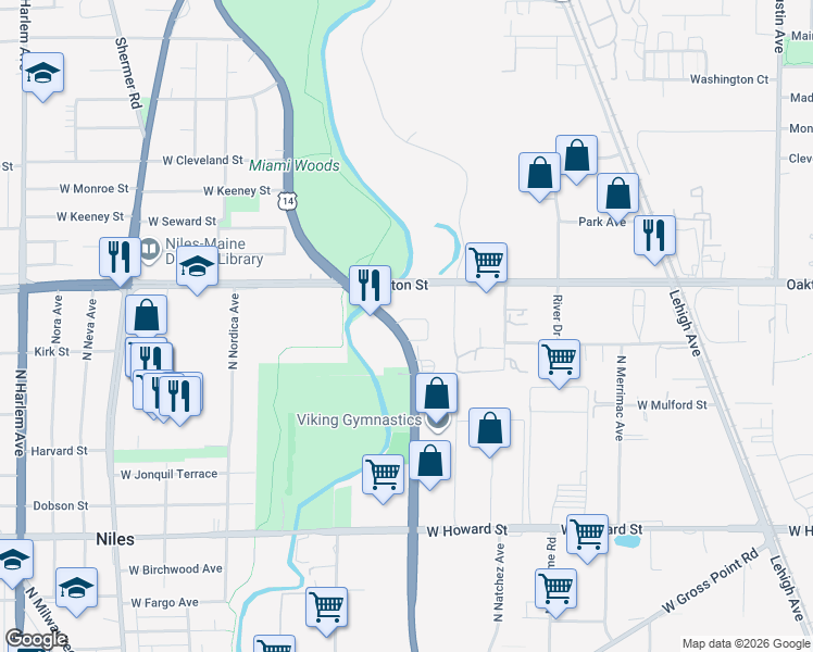 map of restaurants, bars, coffee shops, grocery stores, and more near 7910 North Caldwell Avenue in Niles