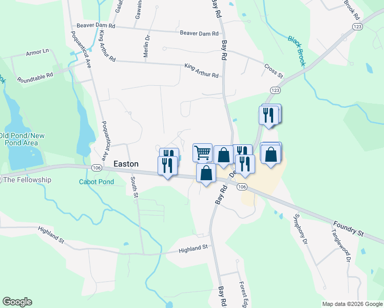 map of restaurants, bars, coffee shops, grocery stores, and more near 103 Gas Light Lane in Easton