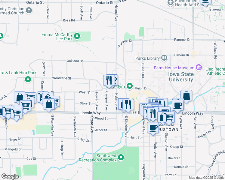 map of restaurants, bars, coffee shops, grocery stores, and more near 2721 W Avenue in Ames