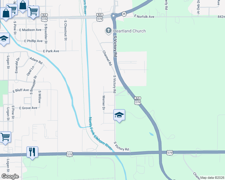 map of restaurants, bars, coffee shops, grocery stores, and more near 768 South Victory Road in Norfolk