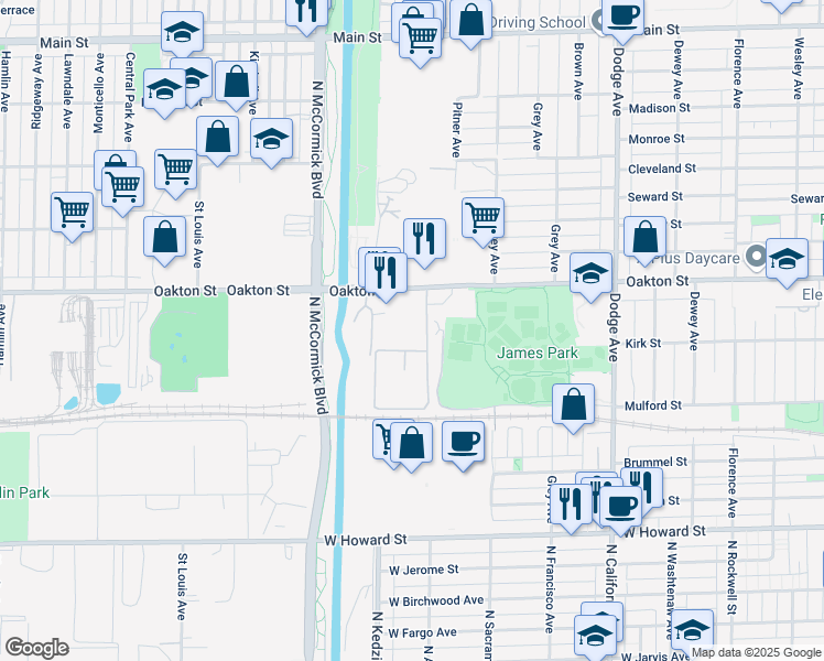map of restaurants, bars, coffee shops, grocery stores, and more near 2494 Oakton Street in Evanston