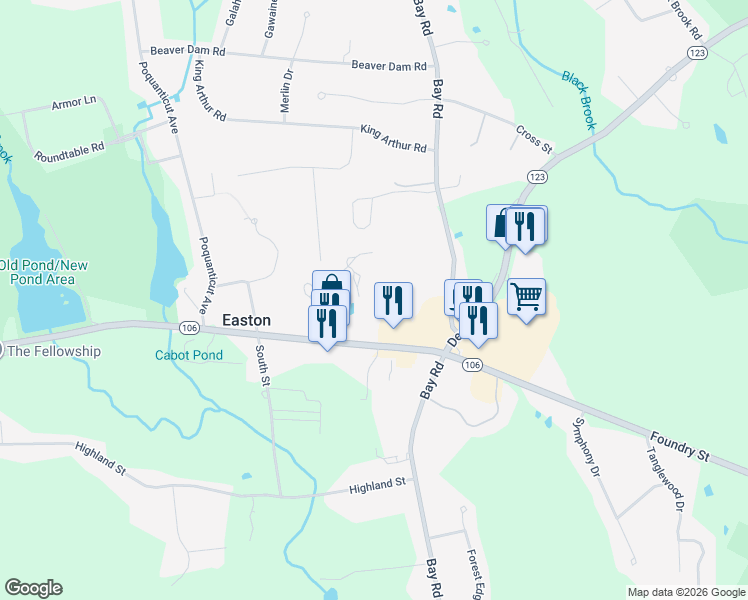 map of restaurants, bars, coffee shops, grocery stores, and more near 103 Gas Light Lane in Easton