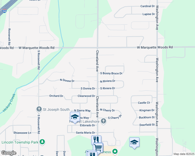 map of restaurants, bars, coffee shops, grocery stores, and more near 5079 Cleveland Avenue in Stevensville