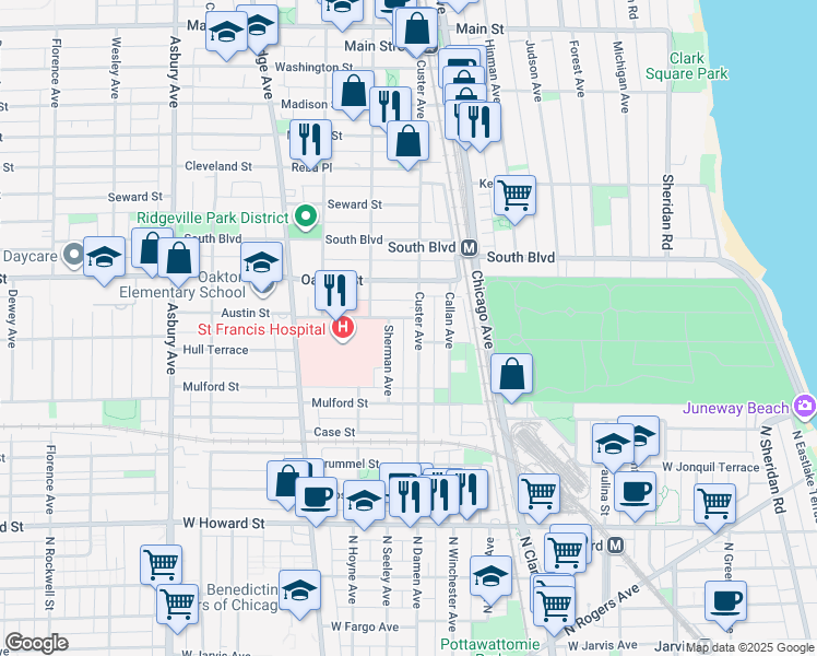 map of restaurants, bars, coffee shops, grocery stores, and more near 715 Austin Street in Evanston