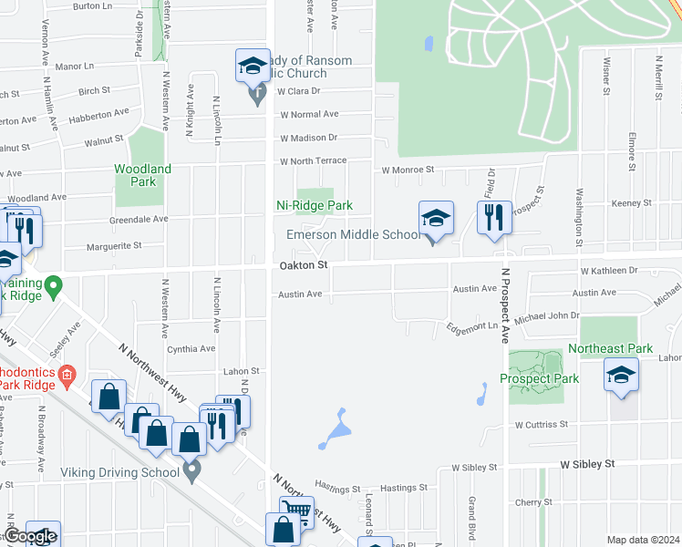 map of restaurants, bars, coffee shops, grocery stores, and more near in Park Ridge