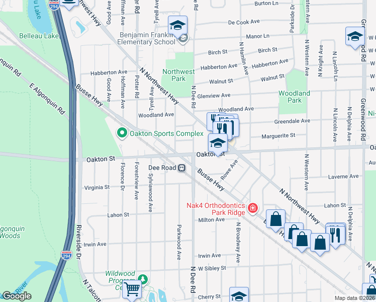 map of restaurants, bars, coffee shops, grocery stores, and more near 1013 North Dee Road in Park Ridge