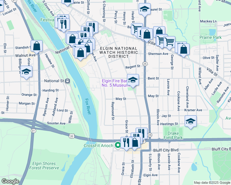 map of restaurants, bars, coffee shops, grocery stores, and more near 537 Raymond Street in Elgin