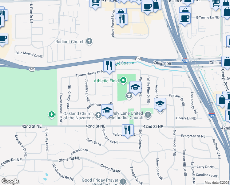 map of restaurants, bars, coffee shops, grocery stores, and more near 4600 Westchester Drive Northeast in Cedar Rapids
