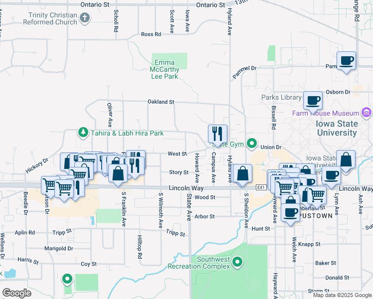 map of restaurants, bars, coffee shops, grocery stores, and more near 3112 Ellis Street in Ames