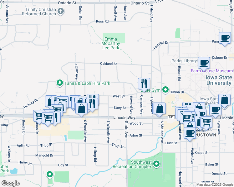 map of restaurants, bars, coffee shops, grocery stores, and more near 3112 Ellis Street in Ames