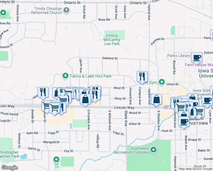 map of restaurants, bars, coffee shops, grocery stores, and more near 3242 Ellis Street in Ames