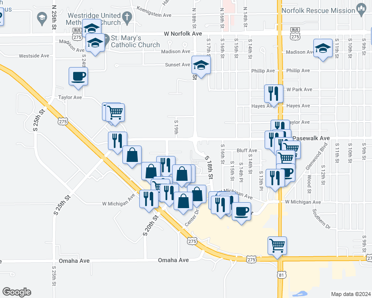 map of restaurants, bars, coffee shops, grocery stores, and more near 1701 West Pasewalk Avenue in Norfolk