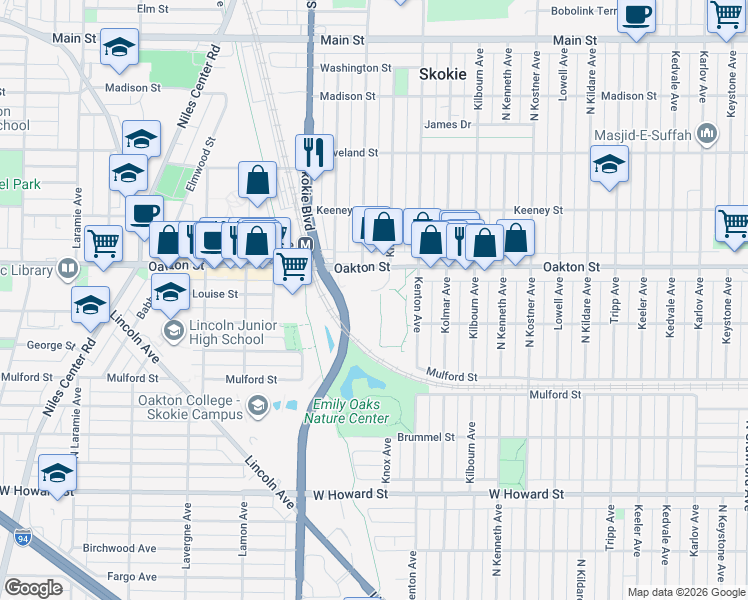map of restaurants, bars, coffee shops, grocery stores, and more near 4701 Oakton Street in Skokie