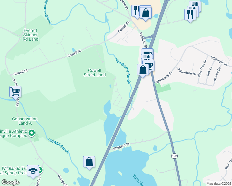map of restaurants, bars, coffee shops, grocery stores, and more near 160 Washington Street in Plainville