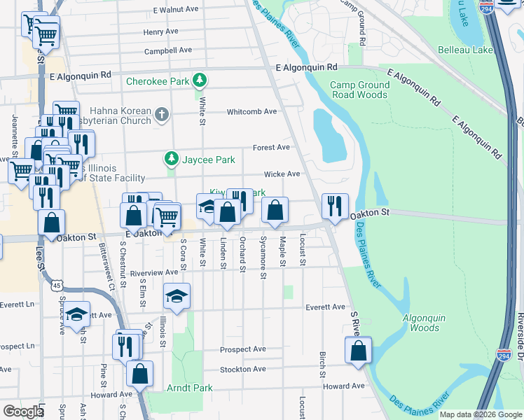 map of restaurants, bars, coffee shops, grocery stores, and more near 1763 East Lincoln Avenue in Des Plaines
