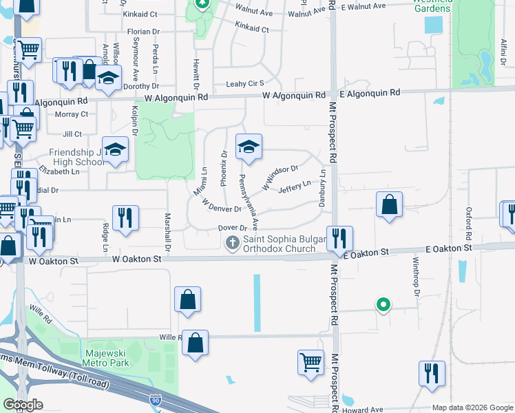 map of restaurants, bars, coffee shops, grocery stores, and more near 175 West Windsor Drive in Des Plaines