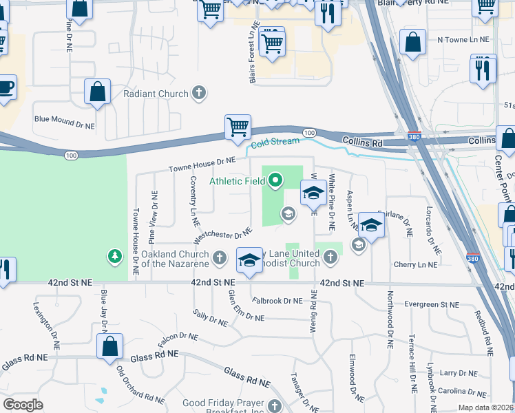 map of restaurants, bars, coffee shops, grocery stores, and more near 4600 Westchester Dr NE in Cedar Rapids