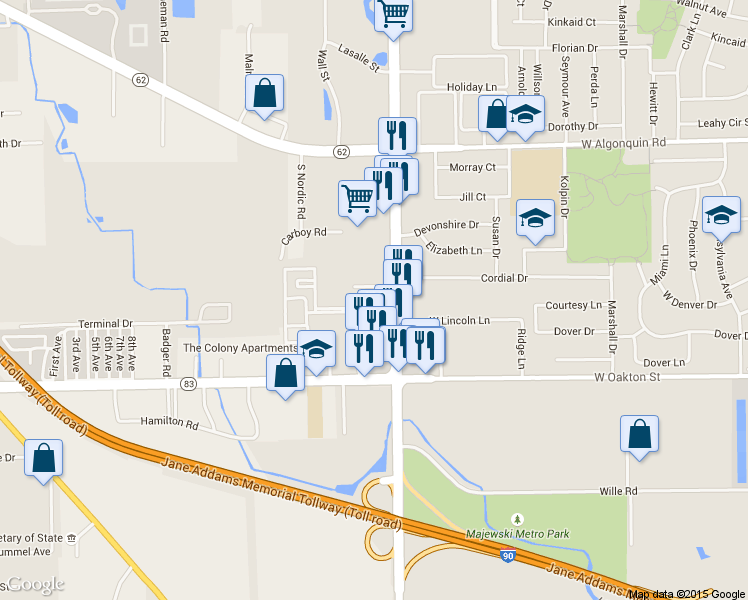 map of restaurants, bars, coffee shops, grocery stores, and more near 2200 Elmhurst Road in Mount Prospect