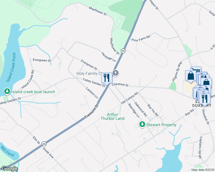 map of restaurants, bars, coffee shops, grocery stores, and more near 588 Tremont Street in Duxbury