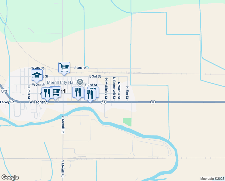 map of restaurants, bars, coffee shops, grocery stores, and more near 222 North Roosevelt Street in Merrill