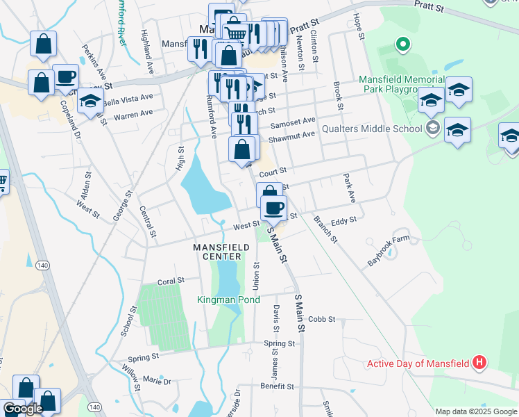 map of restaurants, bars, coffee shops, grocery stores, and more near 26 North Main Street in Mansfield