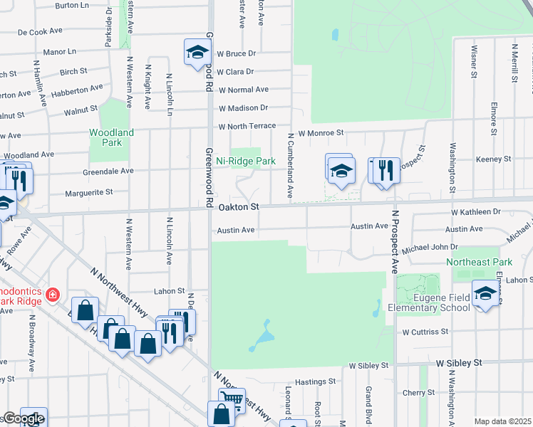 map of restaurants, bars, coffee shops, grocery stores, and more near in Park Ridge
