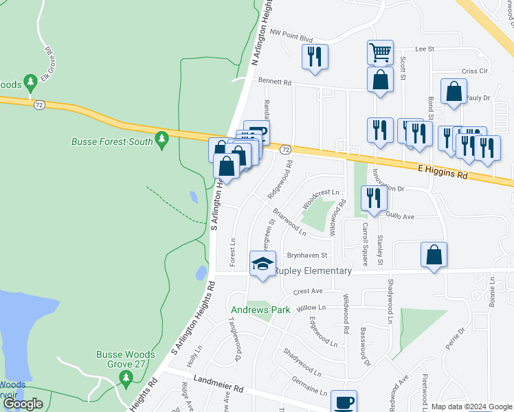 map of restaurants, bars, coffee shops, grocery stores, and more near 48 Ridgewood Road in Elk Grove Village