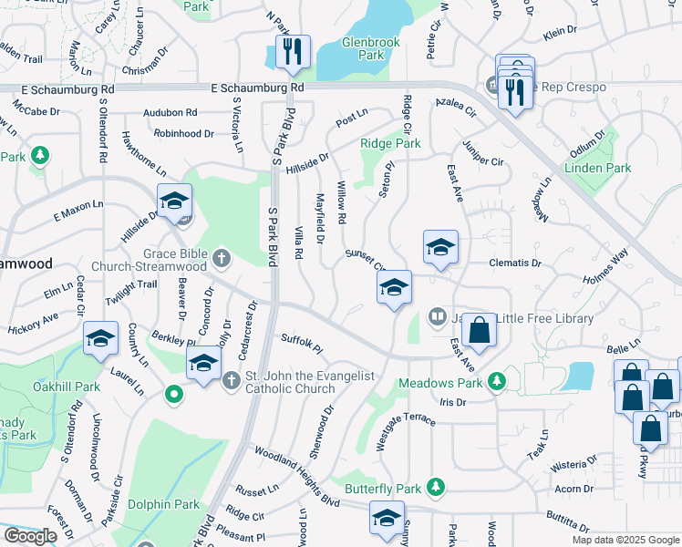 map of restaurants, bars, coffee shops, grocery stores, and more near 723 Sunset Circle in Streamwood