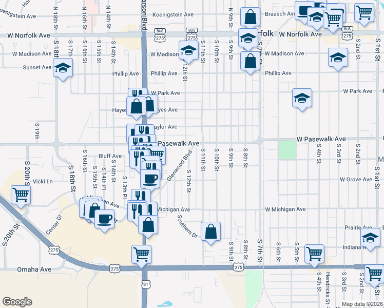 map of restaurants, bars, coffee shops, grocery stores, and more near 700-798 South 11th Street in Norfolk
