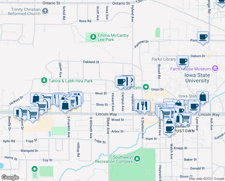 map of restaurants, bars, coffee shops, grocery stores, and more near 2933 West Street in Ames