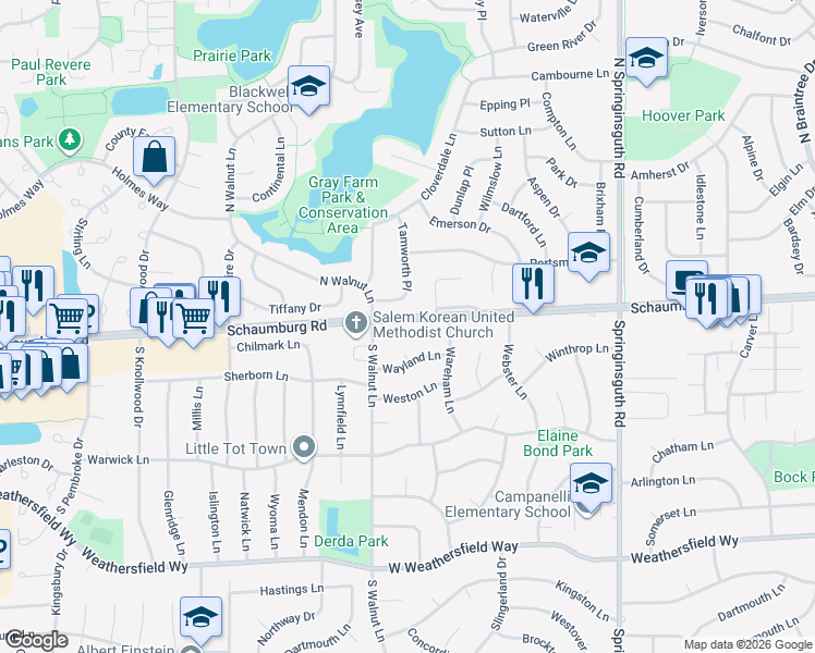 map of restaurants, bars, coffee shops, grocery stores, and more near 1933 West Schaumburg Road in Schaumburg