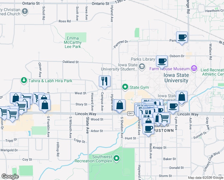 map of restaurants, bars, coffee shops, grocery stores, and more near 2721 West Street in Ames