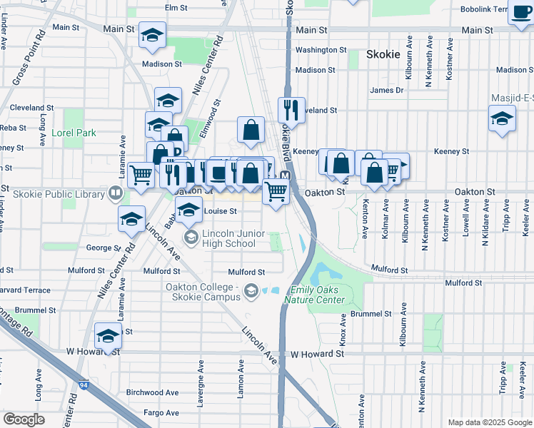 map of restaurants, bars, coffee shops, grocery stores, and more near 4815 Oakton Street in Skokie