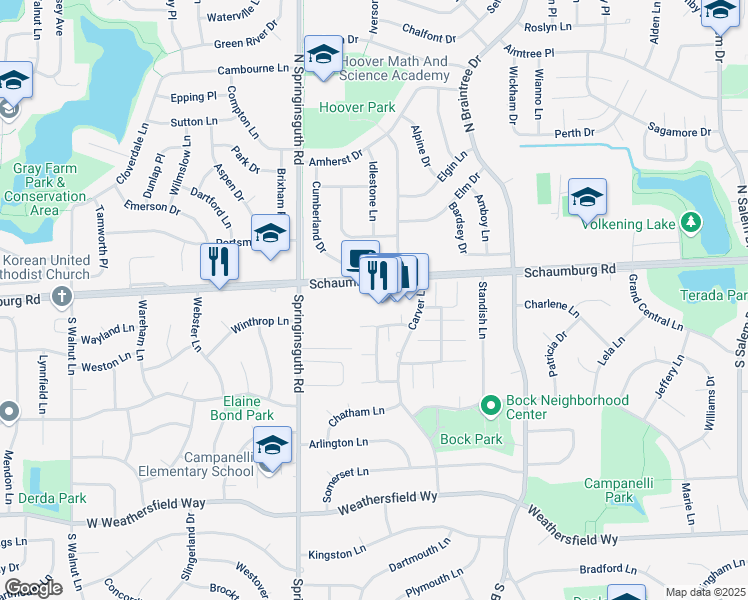 map of restaurants, bars, coffee shops, grocery stores, and more near 1457 West Schaumburg Road in Schaumburg