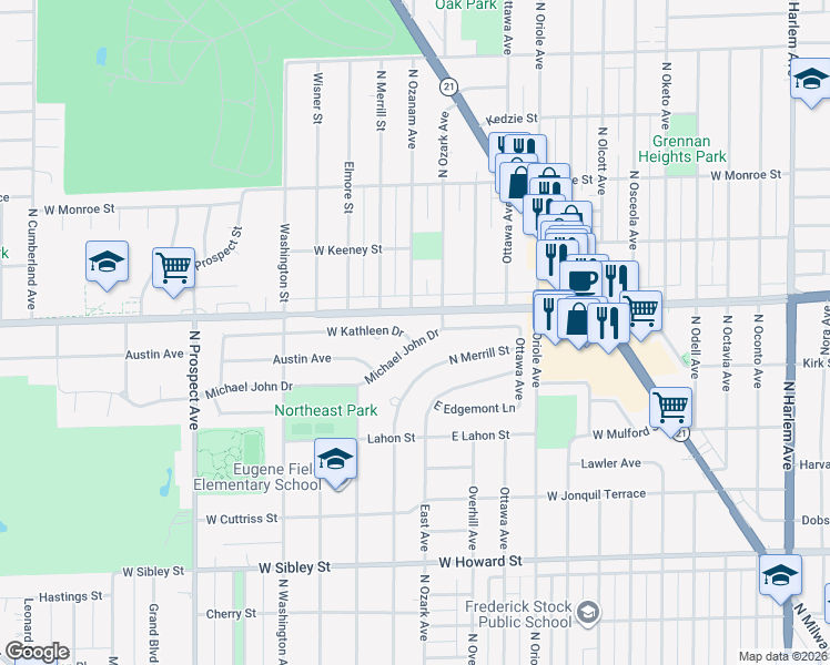 map of restaurants, bars, coffee shops, grocery stores, and more near 146 Michael John Drive in Park Ridge