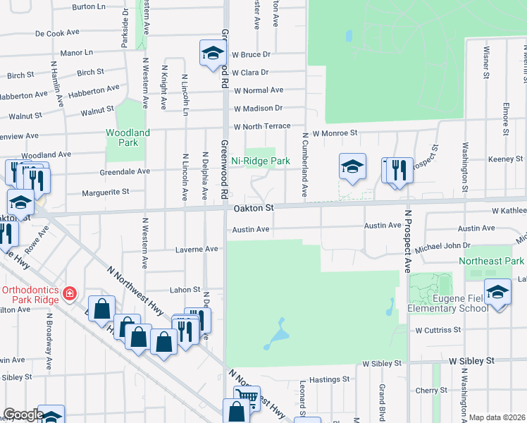 map of restaurants, bars, coffee shops, grocery stores, and more near 1025 Oakton Street in Park Ridge