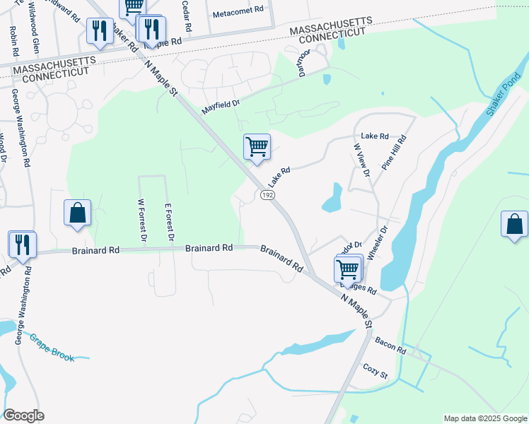 map of restaurants, bars, coffee shops, grocery stores, and more near 321 North Maple Street in Enfield