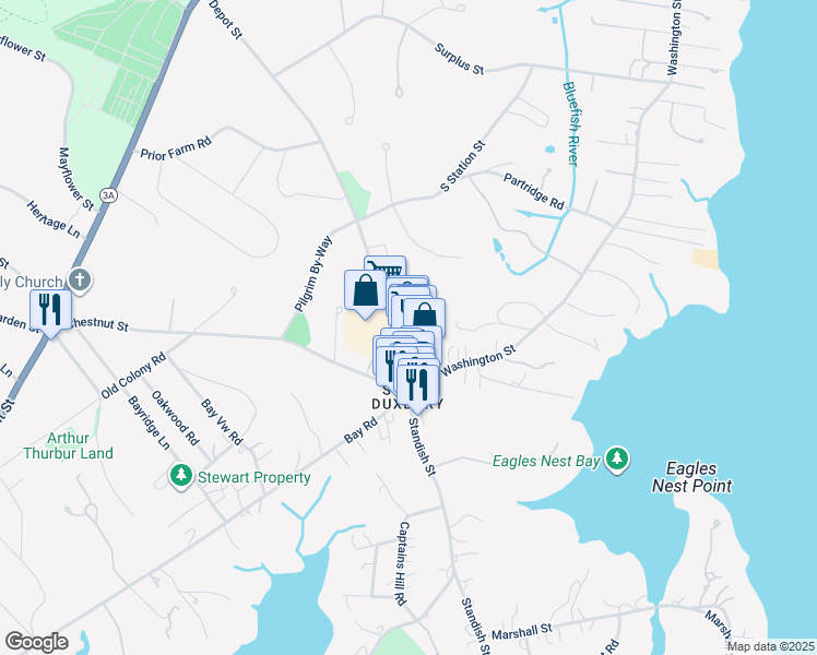 map of restaurants, bars, coffee shops, grocery stores, and more near 80 Bayberry Lane in Duxbury