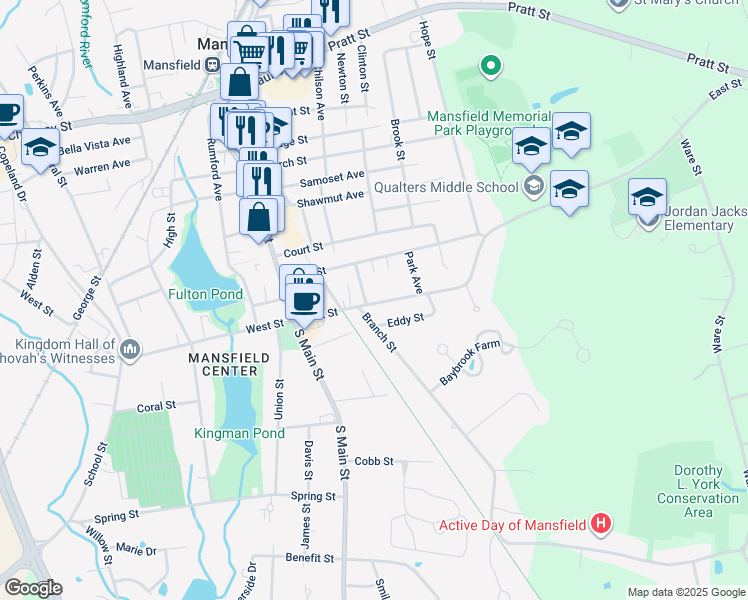 map of restaurants, bars, coffee shops, grocery stores, and more near 82 East Street in Mansfield
