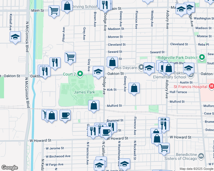 map of restaurants, bars, coffee shops, grocery stores, and more near 421 B Dodge Avenue in Evanston