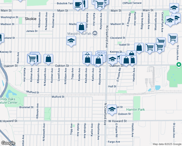 map of restaurants, bars, coffee shops, grocery stores, and more near 7935 Karlov Avenue in Skokie