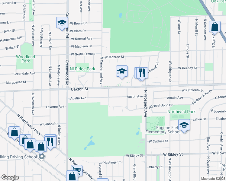 map of restaurants, bars, coffee shops, grocery stores, and more near 725 Oakton Street in Park Ridge