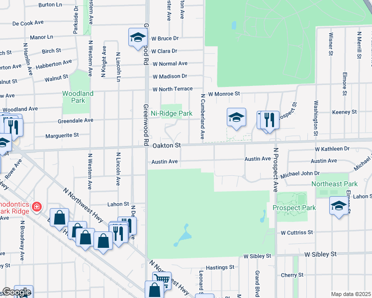 map of restaurants, bars, coffee shops, grocery stores, and more near in Park Ridge