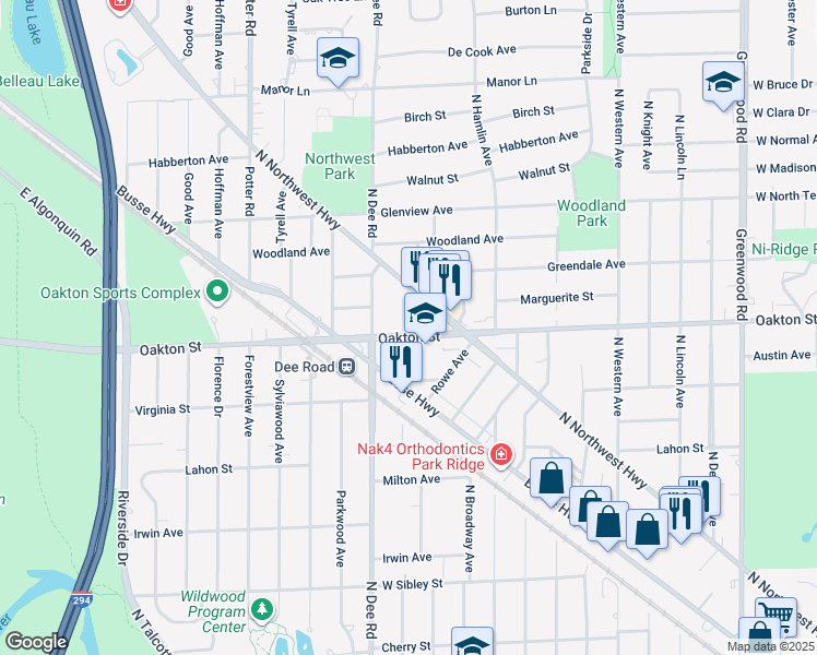 map of restaurants, bars, coffee shops, grocery stores, and more near 2112 Oakton Street in Park Ridge